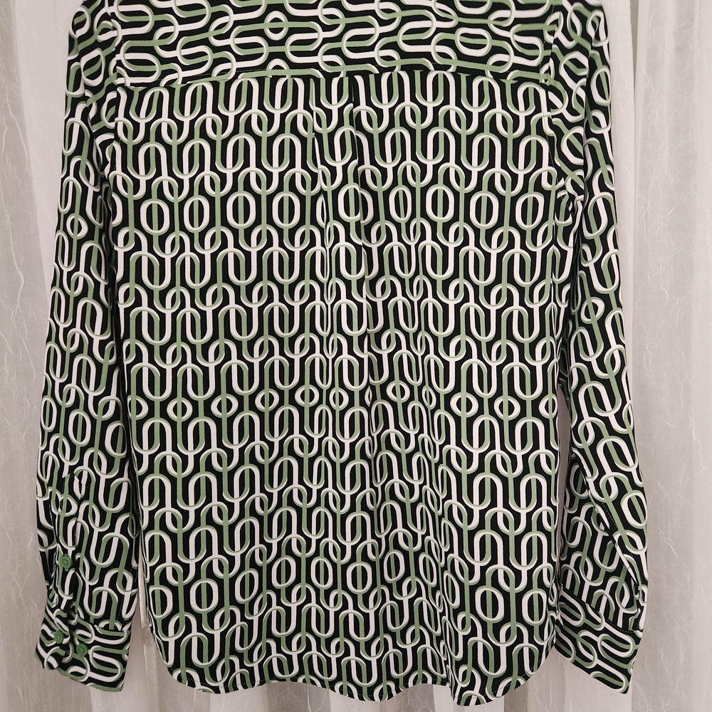 Alfani Black and White Geometric Blouse with Green Accents - Picture 9 of 10